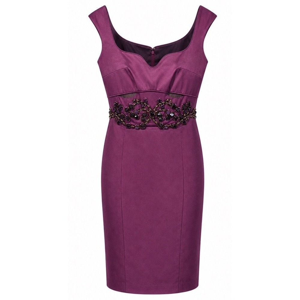 NWT Mandalay Purple Gold Embellished Satin Midi Party Evening Dress Women's 10
